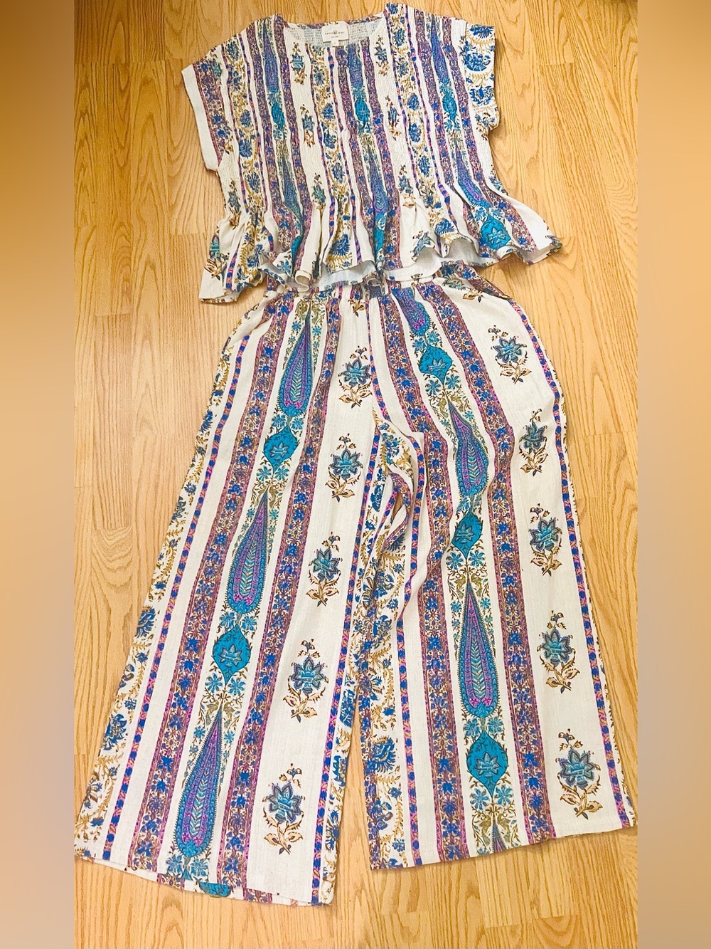 Umgee Cream Wide-Leg Top and Pants Set with Blue & Purple Floral Stripe